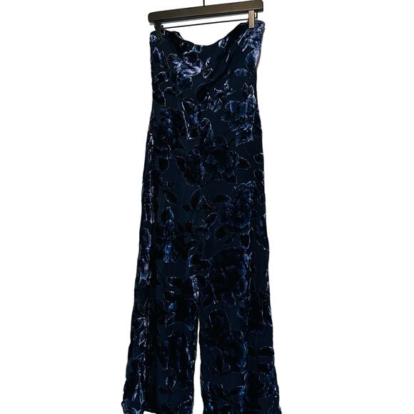 HUTCH Blue Floral Velvet Burnout Strapless Neckline Sonnie Jumpsuit Size 6 - Picture 6 of 9